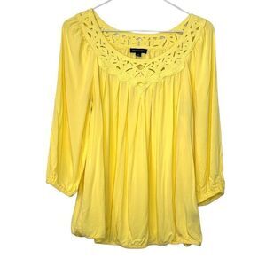 Max Edition Womens Blouse Top 3/4 Sleeve Crochet Neckline Yellow Size Medium